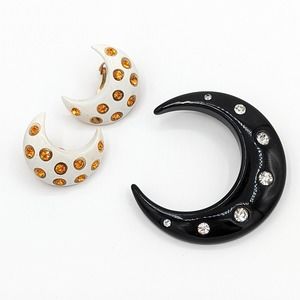 Vintage Black Bakelite Crescent Moon Brooch and White Acrylic Moon Earrings